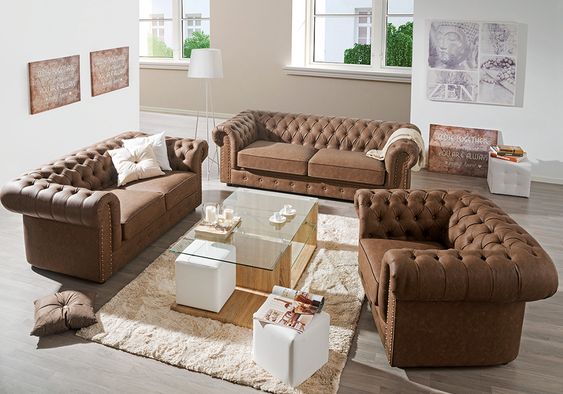 SET  Chesterfield en Cuero ¨Sofá 3 Plazas+ 2 Plazas y Poltrona¨