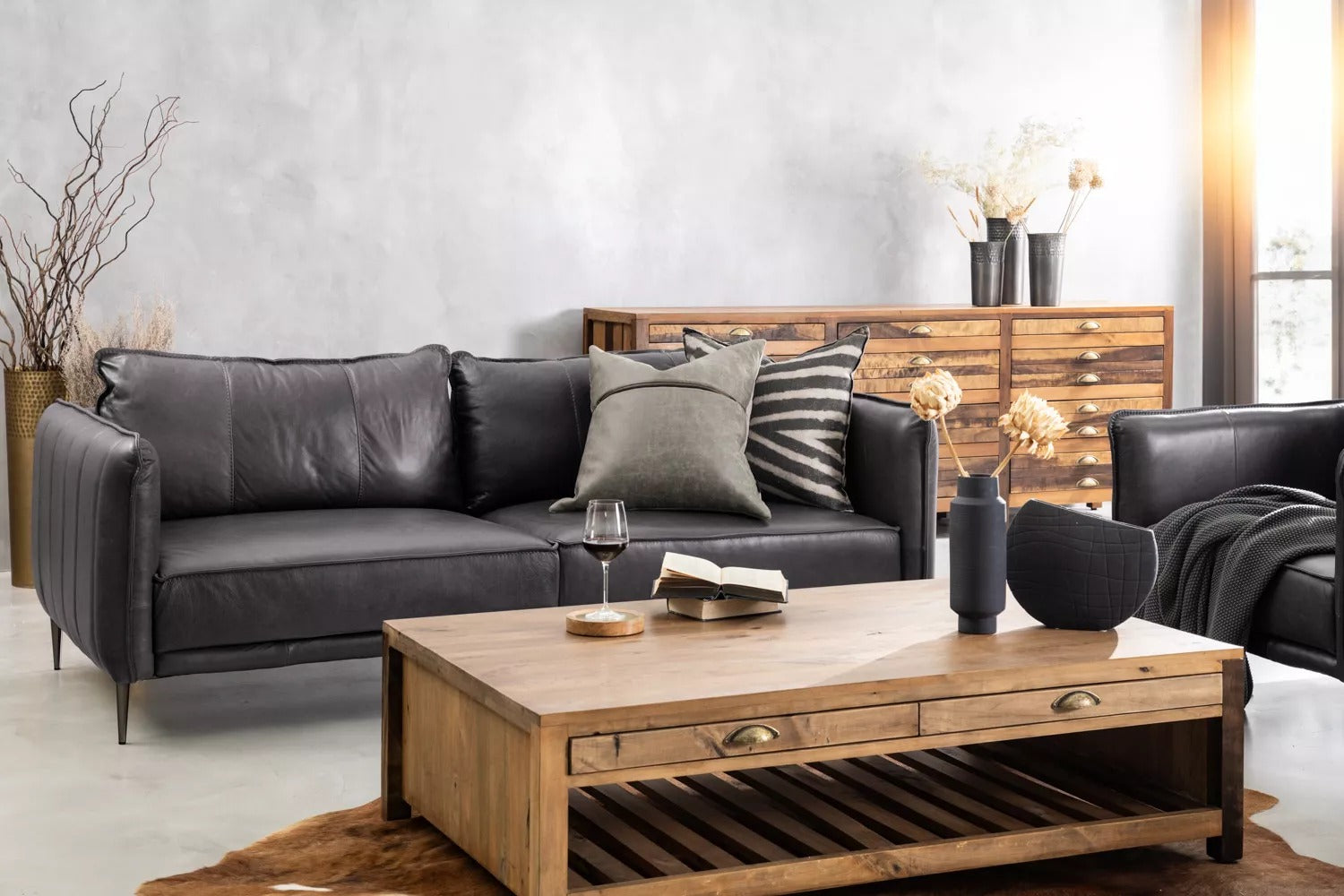 SET Aldano en Cuero ¨Sofá 3 Plazas + 2 Poltronas¨